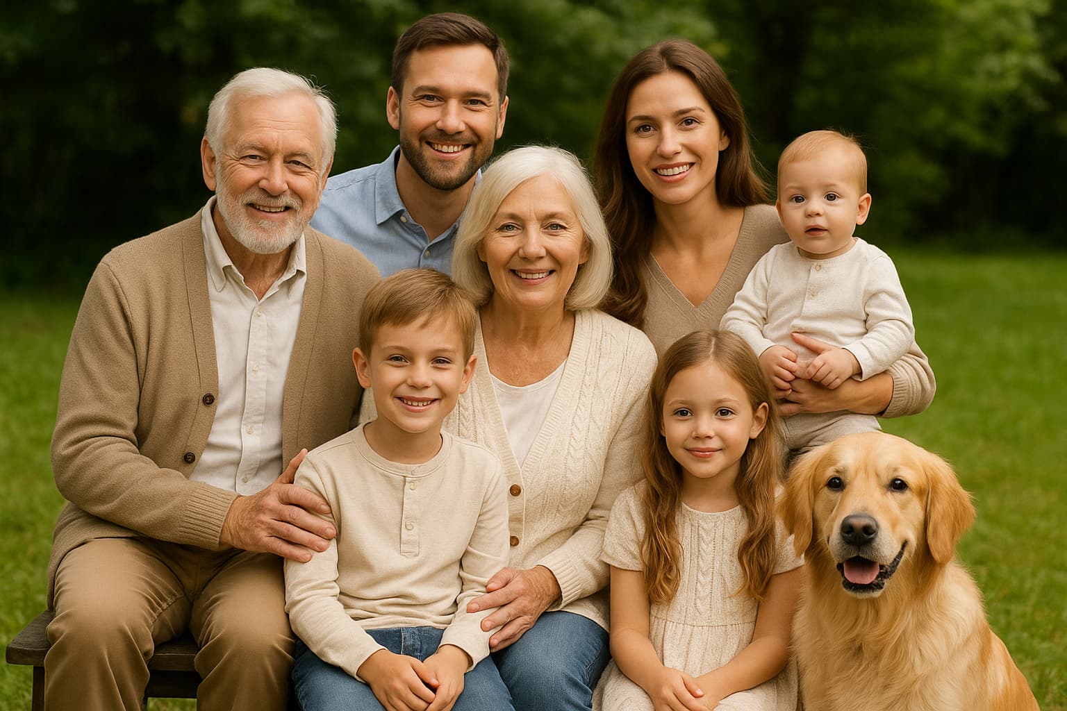 11Photo d’une famille multigénérationnelle – grands-parents, parents, enfants et chien – illustrant l’accompagnement d’ACTEN Notaires en droit de la famille.